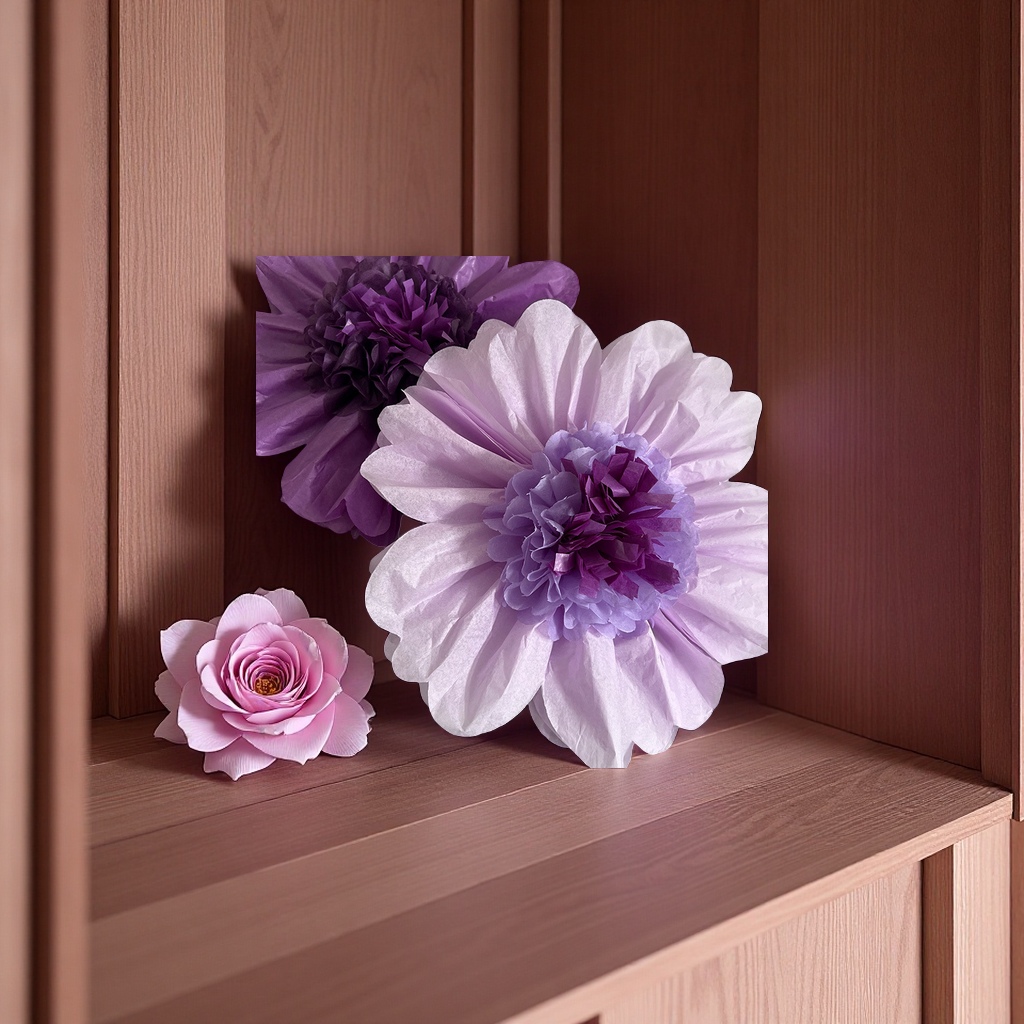 Cross-camera bestseller in stock: 60cm 24-inch set of large paper flowers in light and dark lilacs with flower centers details Picture