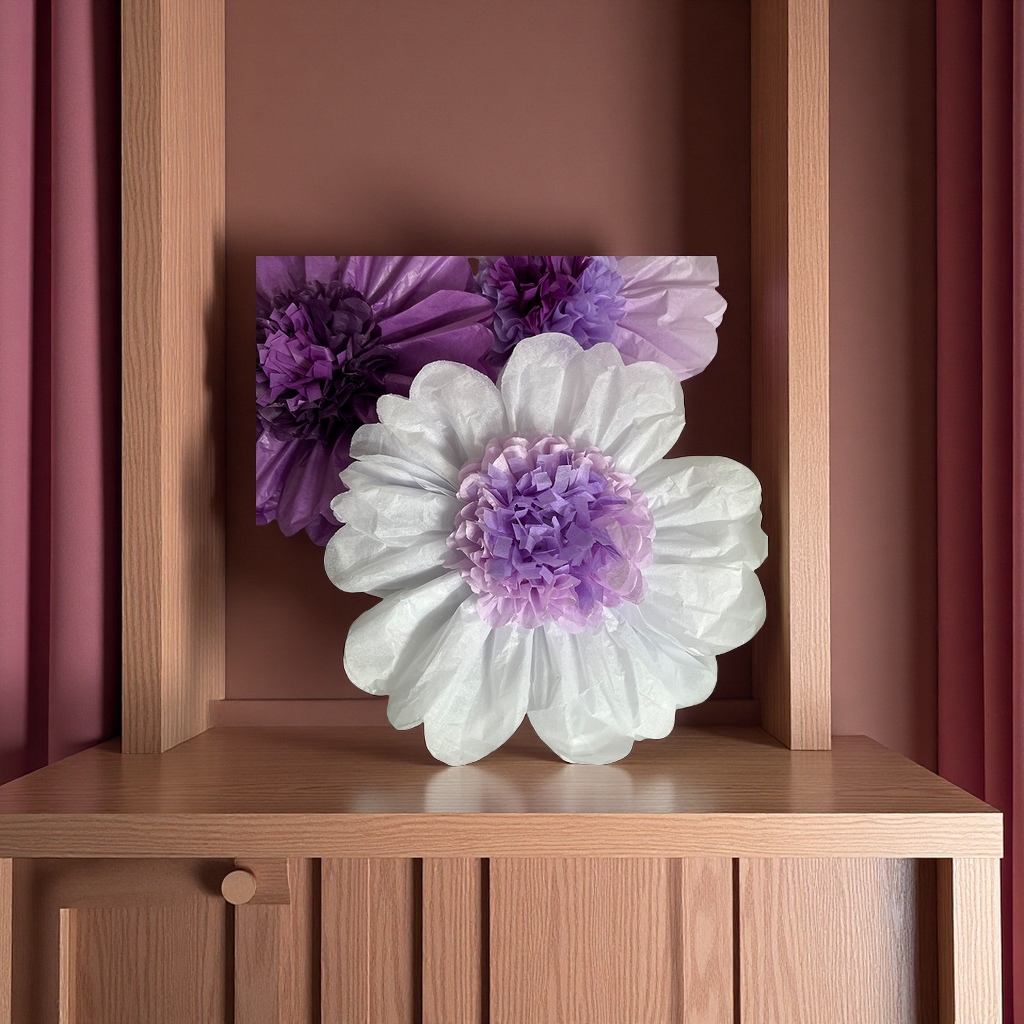 Cross-camera bestseller in stock: 60cm 24-inch set of large paper flowers in light and dark lilacs with flower centers Application Scenario