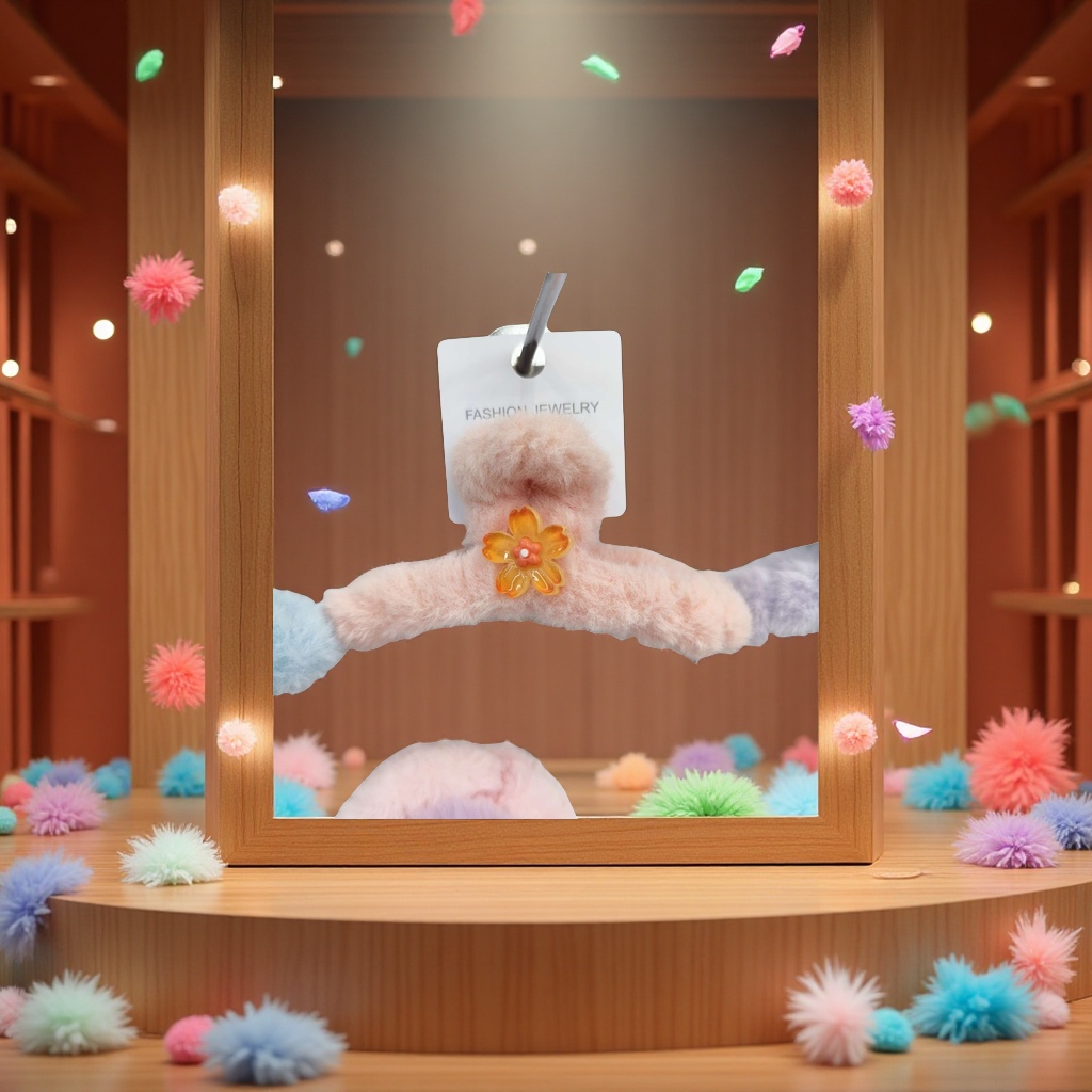 B透明五瓣花毛绒抓夹儿童水钻发夹抓夹发饰头饰滴油款宝宝发夹发夹夹子可爱发夹配饰