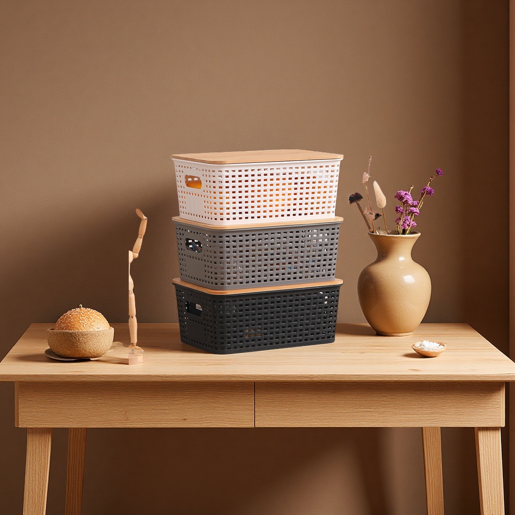 塑料镂空编织收纳筐玩具书本桌面格纹带竹盖可叠加储物篮批发收纳篮置物篮收纳筐