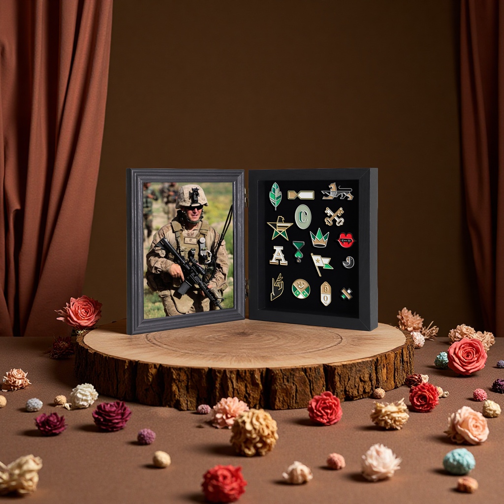 跨境木质开合徽章收纳盒胸针勋章奖章纪念章收藏摆台展示框工艺品