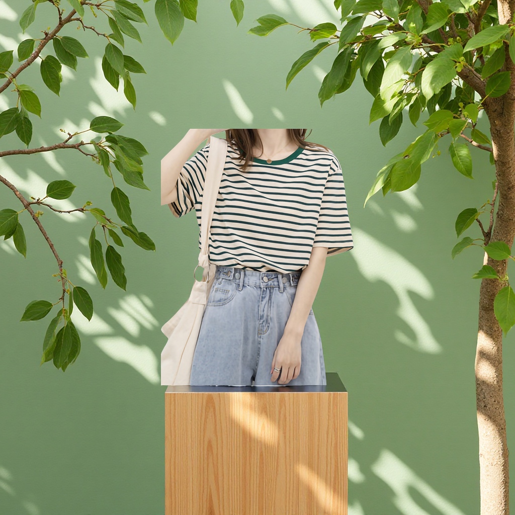 夏季薄款短袖T恤女2025新款宽松纯棉绿色条纹休闲上衣百搭体恤女款
