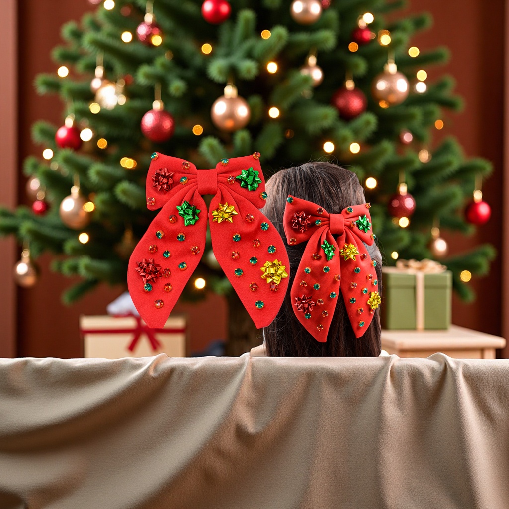 Qiwei Accessories Exclusive European and American new Christmas flower hair clips, fabric sticky diamond star flower spring clips, holiday hair accessories for women