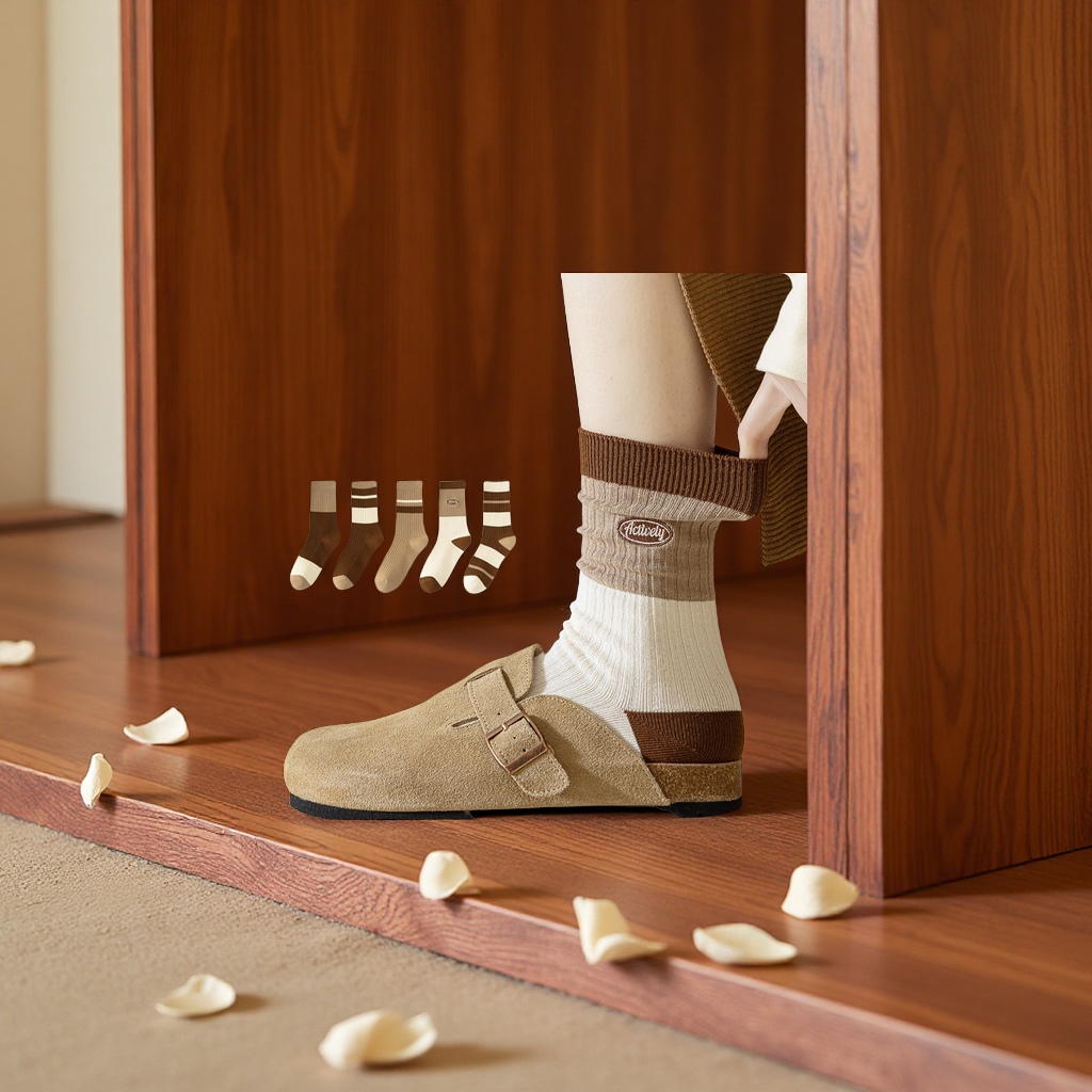 纯棉女中筒堆堆袜春秋运动休闲长袜薄款吸汗无骨美拉德款全棉春夏款