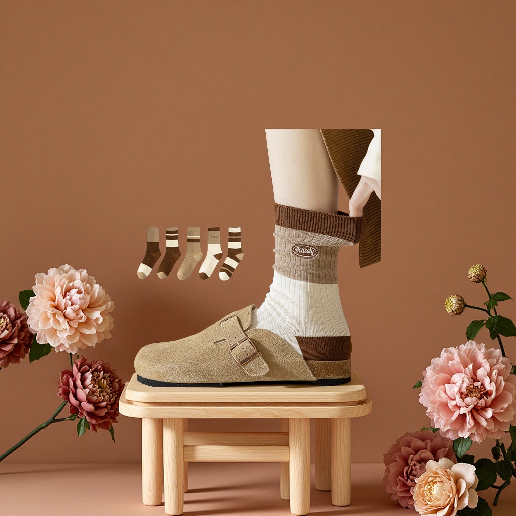 纯棉女中筒堆堆袜春秋运动休闲长款吸汗无骨薄款全棉春夏款舒适透气