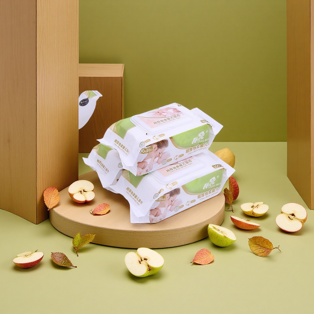 工厂直供婴儿湿巾苹果绿大包100片加盖加厚宝宝手口湿纸巾批发柔软舒适护理用品