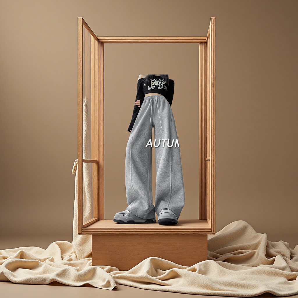 美式弯刀阔腿裤女春秋2025新款高腰宽松直筒运动休闲香蕉卫裤