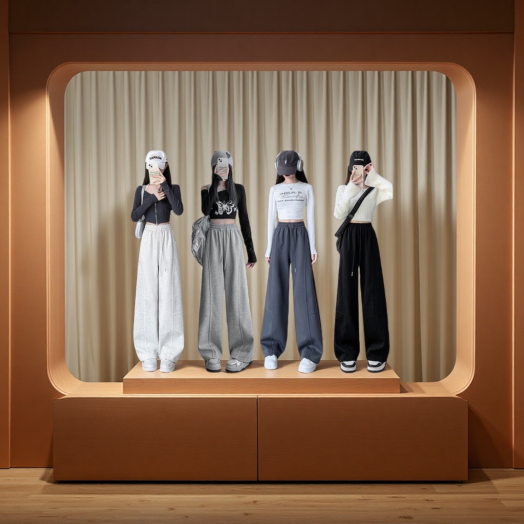 American curved wide-leg pants for women 2025 new style high-waisted loose straight-leg sporty casual banana sweatpants details Picture