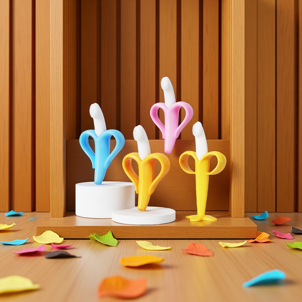 热销香蕉婴儿硅胶牙胶带吸盘咬胶磨牙棒食品级咬咬乐磨牙器