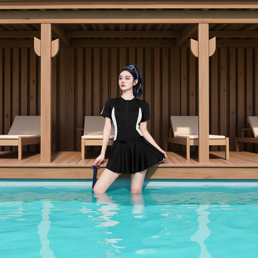 连体泳衣女夏季裙式保守遮肚显瘦学生甜美小清新运动风泡温泉泳装