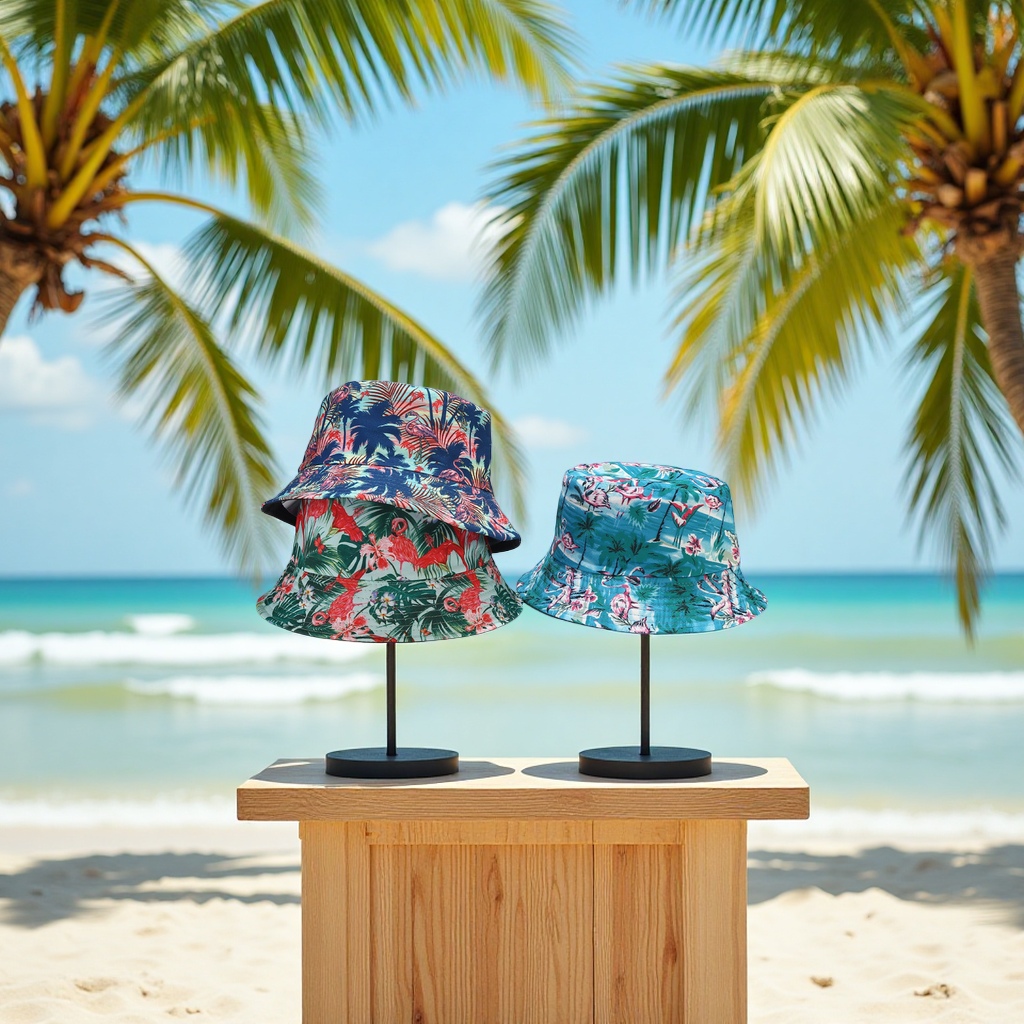 外贸款椰树双面大檐渔夫帽韩版时尚百搭遮阳防晒太阳帽复古盆帽成人帽