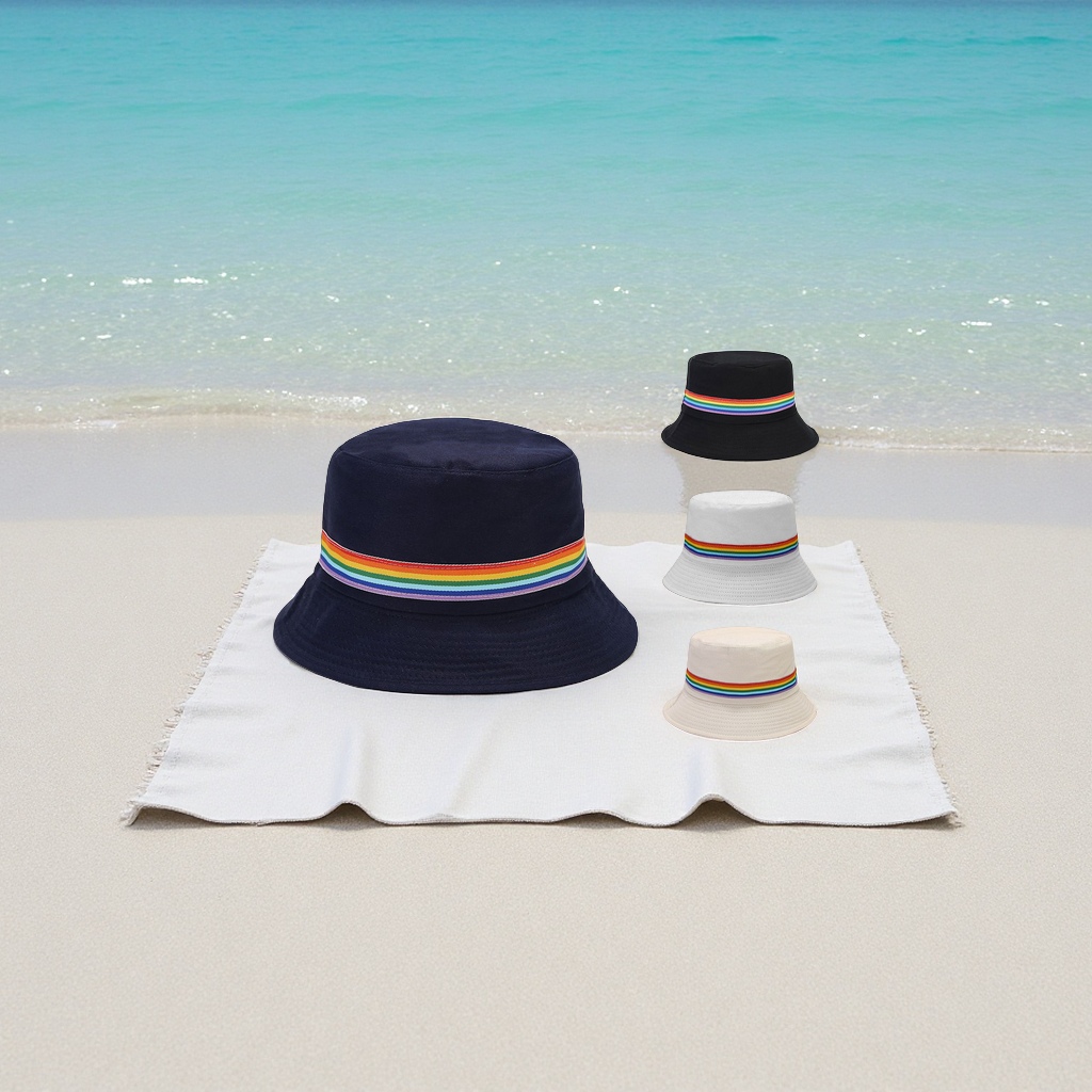 彩虹条纹遮阳帽女夏可折叠渔夫帽大沿防晒海边渡假布帽成人帽子