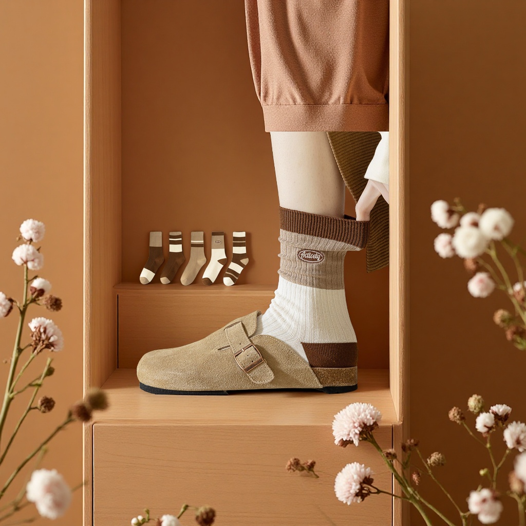Pure cotton women's mid-calf socks, spring and autumn sports casual thin sweat-absorbing boneless long socks, spring and summer all-cotton long socks