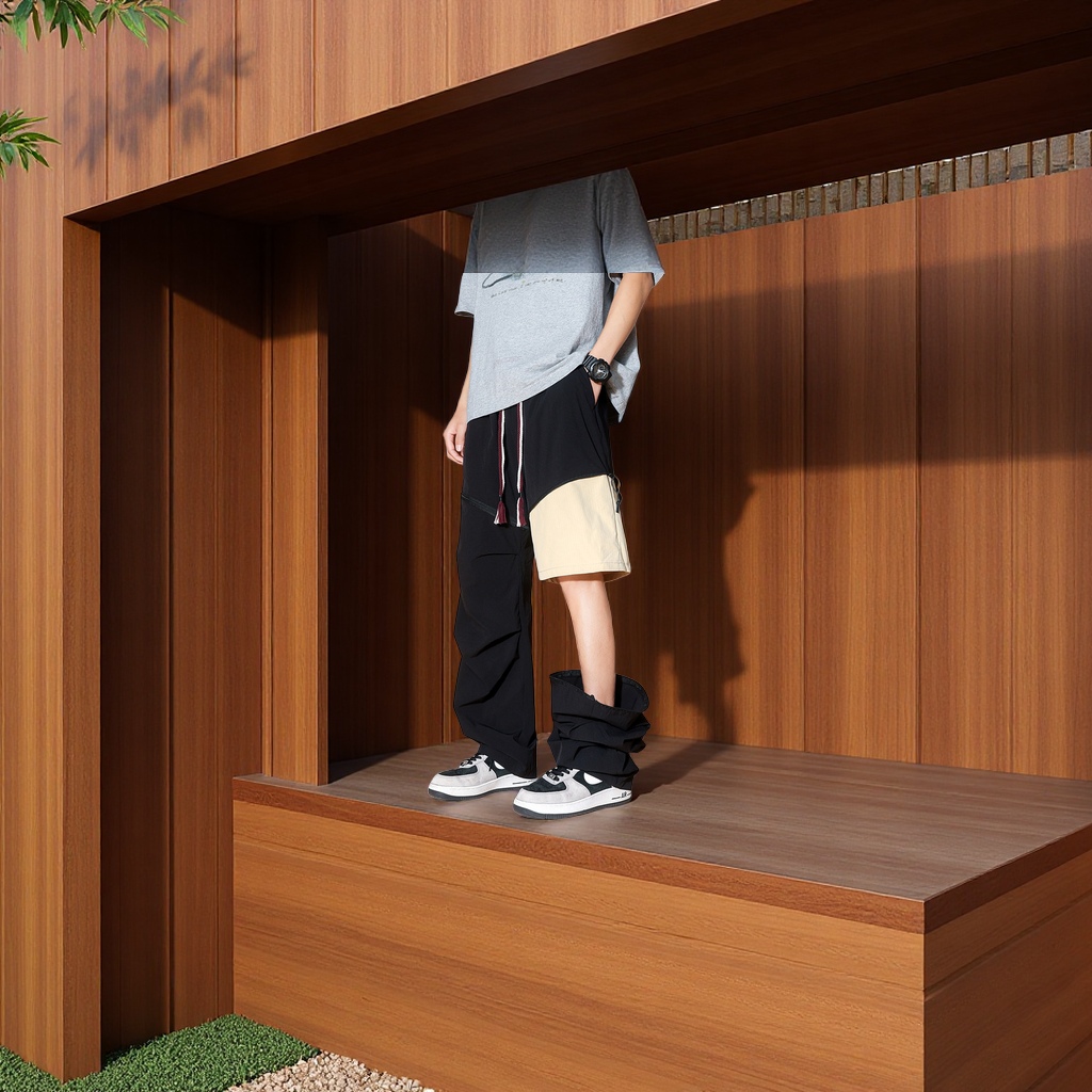 潮牌男士大码冰丝裤夏季宽松直筒一裤两穿五分裤时尚拼接阔腿休闲裤