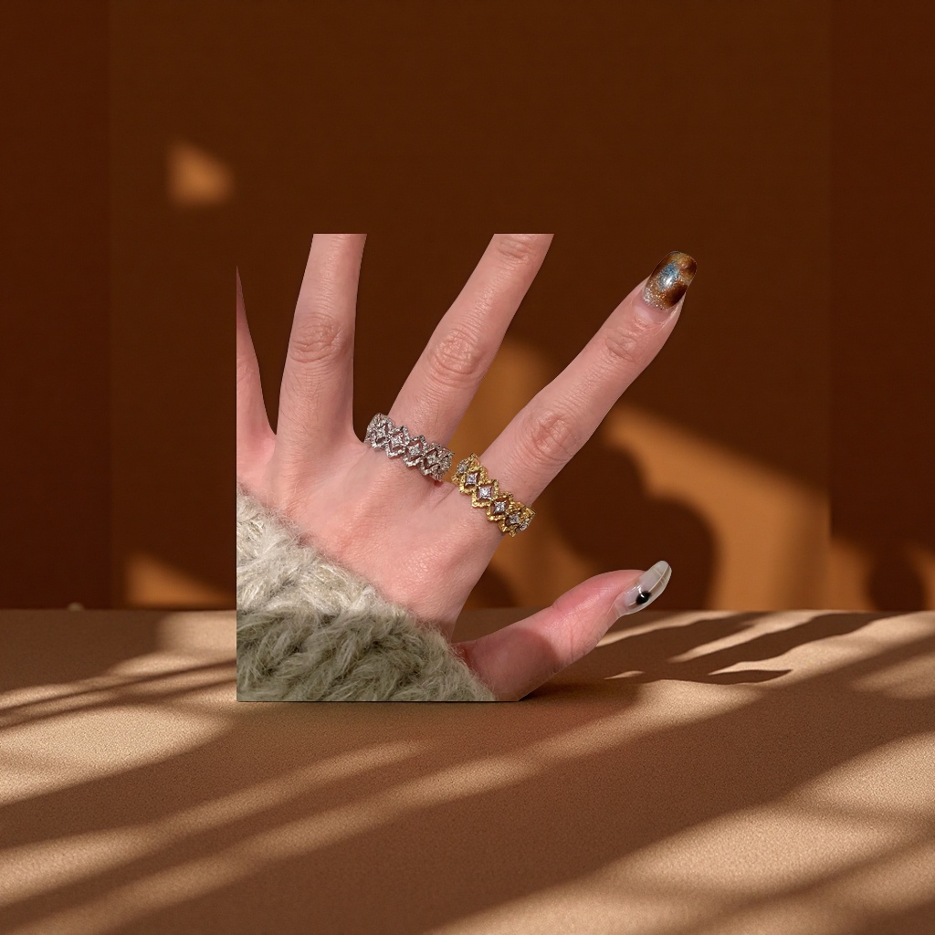 意大利布契风蕾丝花边戒指Vintage中古拉丝菱格镂空调金镶钻指环戒指饰品