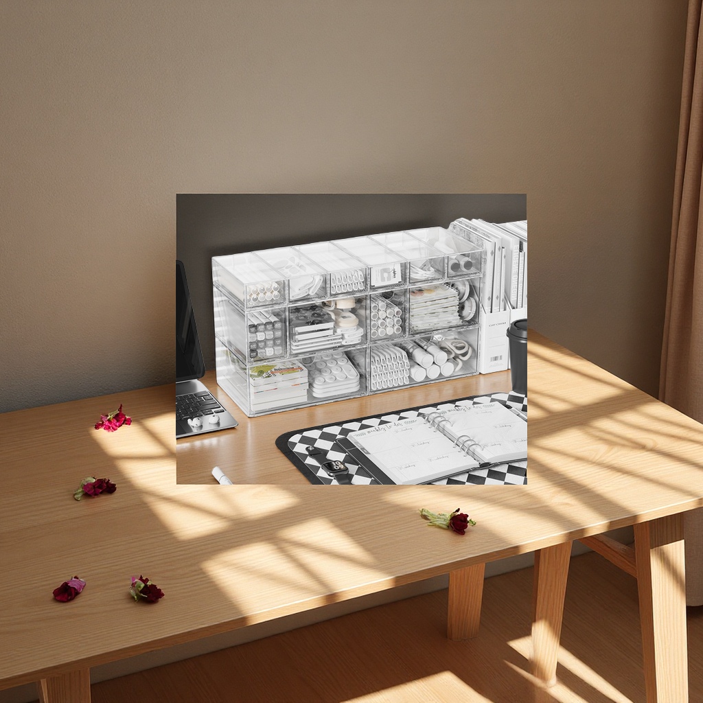ins风透明桌面抽屉式收纳盒化妆品首饰分格储物架塑料整理盒小号