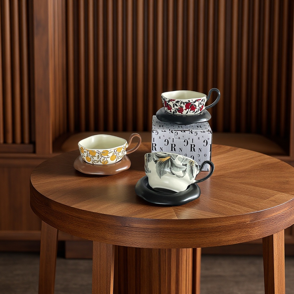 小众设计陶瓷杯碟套装家用办公马克杯中古风轻奢高级感咖啡杯子