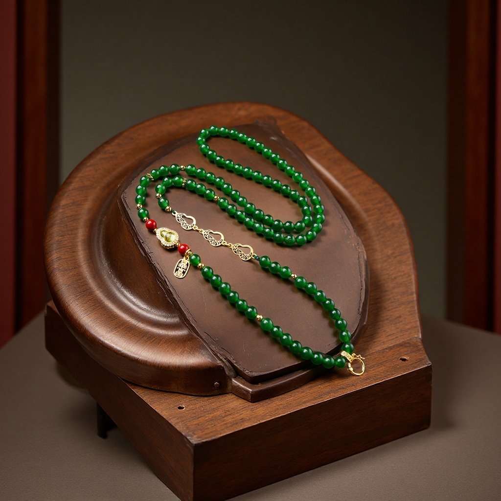 新中式原创设计泰国佛牌链子翡翠绿玉髓圆珠配链项链唐卡风格首饰