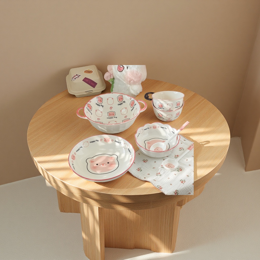 可爱卡通猪陶瓷碗家用釉下彩碗具米饭碗勺子碗碟盘套装高颜值餐具