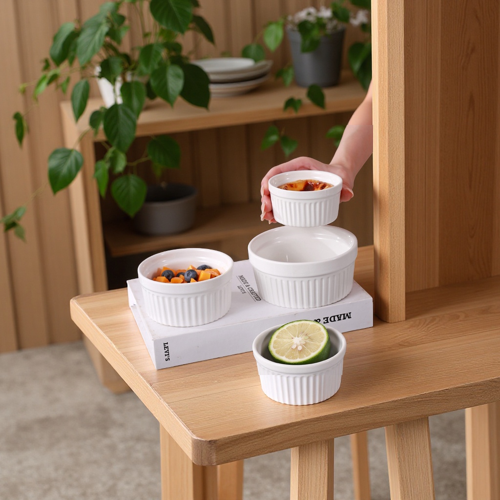 空气炸锅专用陶瓷舒芙蕾烤碗蒸蛋碗简约圆形白色家用布丁甜品碗