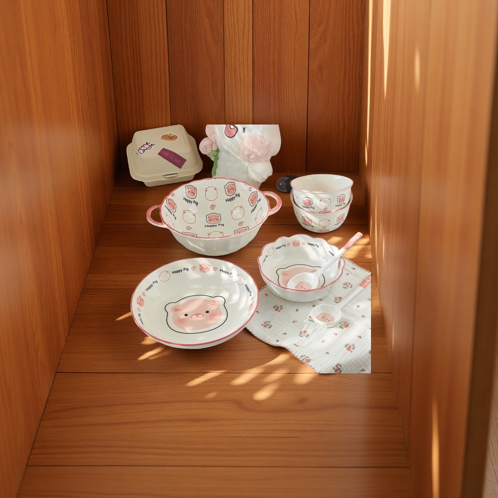 可爱卡通猪陶瓷碗家用釉下彩餐具米饭碗勺子碗碟盘套装高颜值耐用