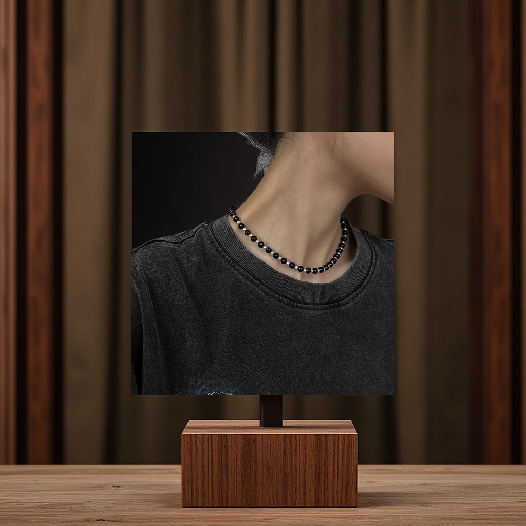 Natural black agate silver bead spliced necklace, Korean s925 pure silver versatile round bead collarbone chain, retro and fashionable jewelry for women