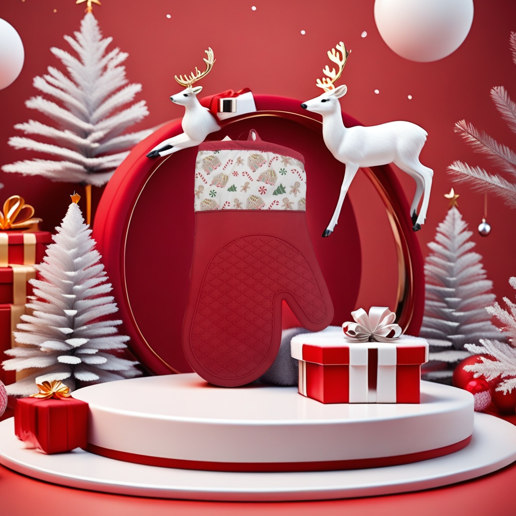 厂家直销圣诞款微波炉手套OEM节日创意厨房用品耐热防烫手套礼品赠送140227727