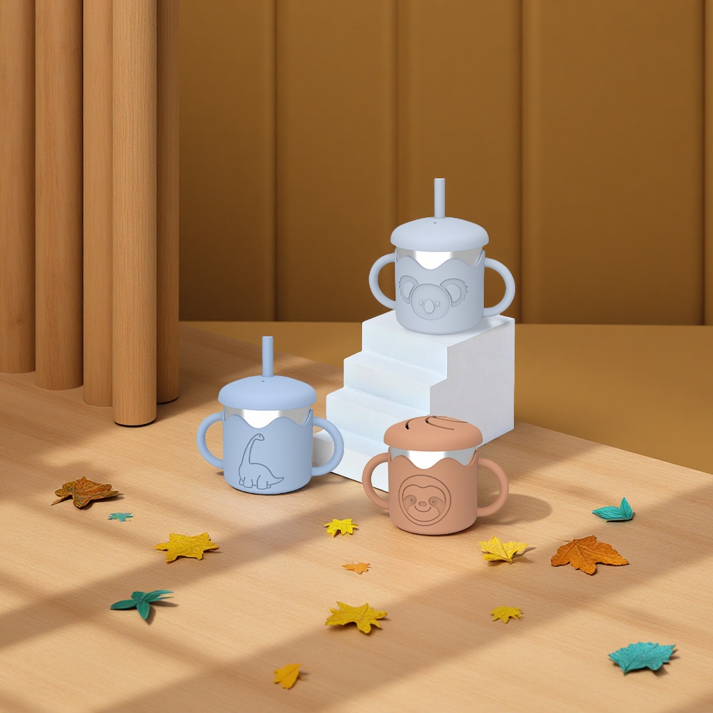 宝宝水杯食品级硅胶套不锈钢304双把手双层隔热吸管儿童水杯可拆洗详情图1