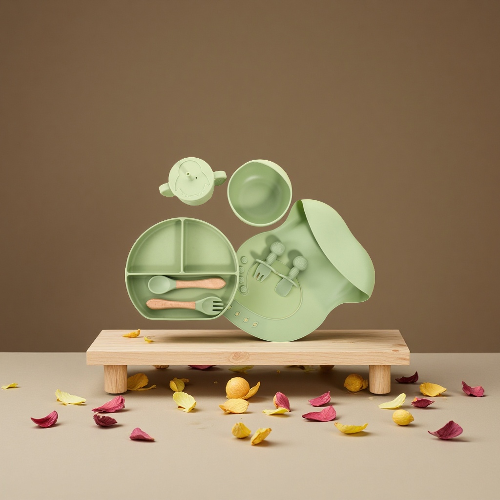 婴儿餐具套装硅胶一体式分格碗宝宝吸盘小熊造型辅食喂养餐盘叉勺套装详情图1