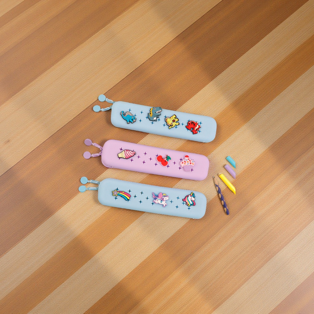 DIY cute silicone four-corner double zipper head hole pen case, primary school stationery box pencil case, simple style