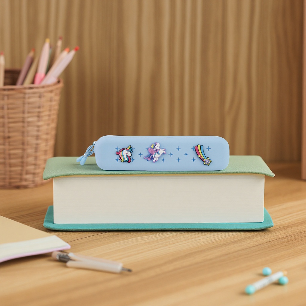 DIY cute silicone four-corner double zipper head hole pen case, primary school stationery box pencil case, simple style Item Picture