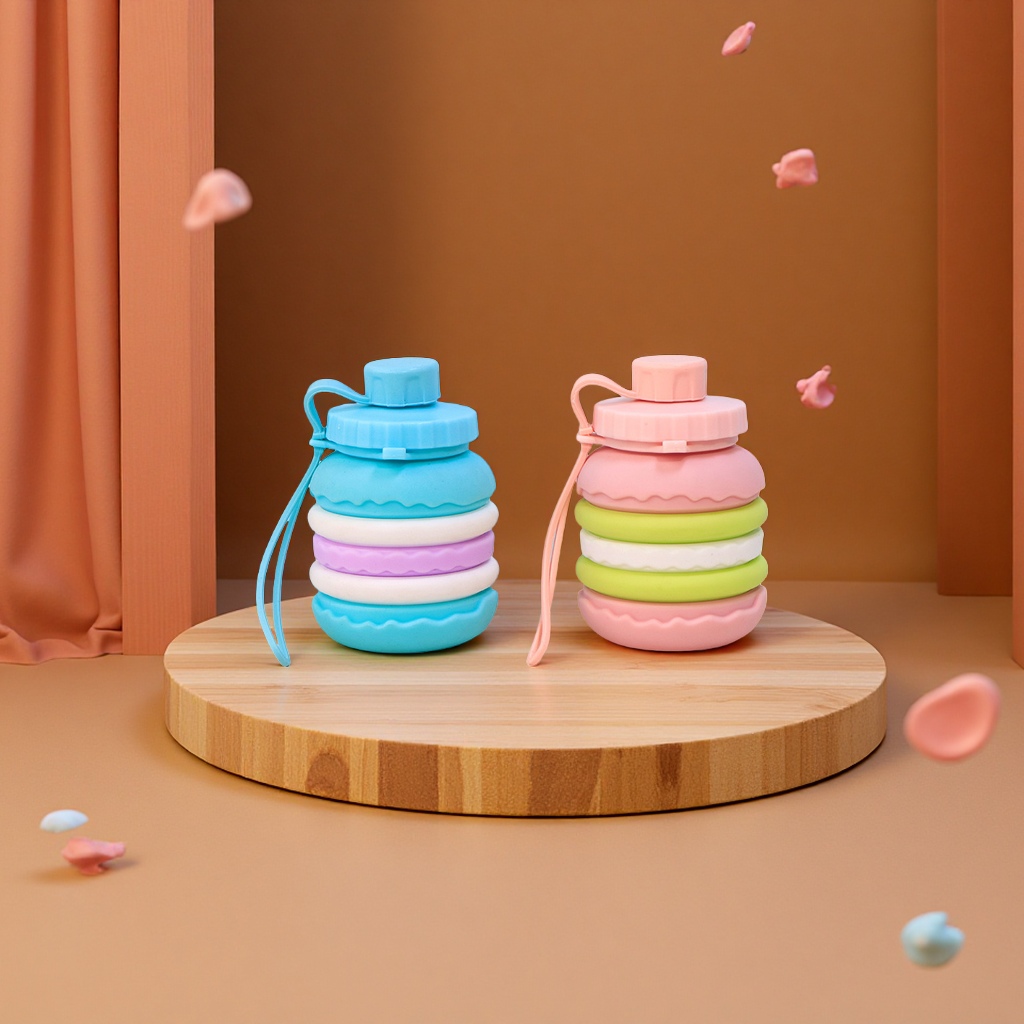 New silicone water cup, creative cake-shaped folding portable sports water bottle, cross-border wholesale telescopic water cup, multi-functional portable bag details Picture