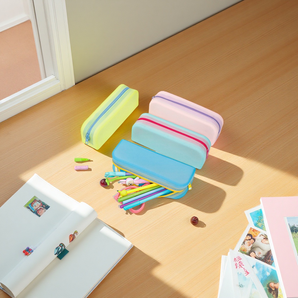 Creative semi-transparent candy-colored rectangular silicone pen case, glasses storage, office and student stationery storage bag