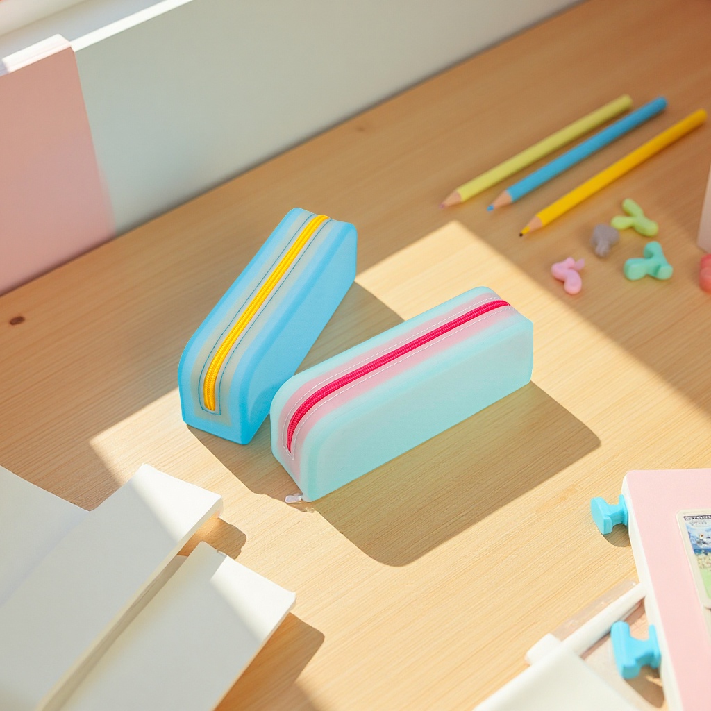 Creative semi-transparent candy-colored rectangular silicone pen case, glasses storage, office and student stationery storage bag details Picture