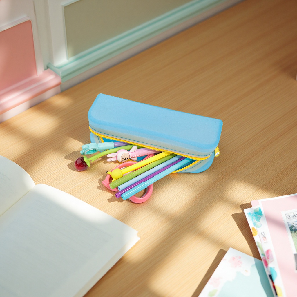 Creative semi-transparent candy-colored rectangular silicone pen case, glasses storage, office and student stationery storage bag Application Scenario