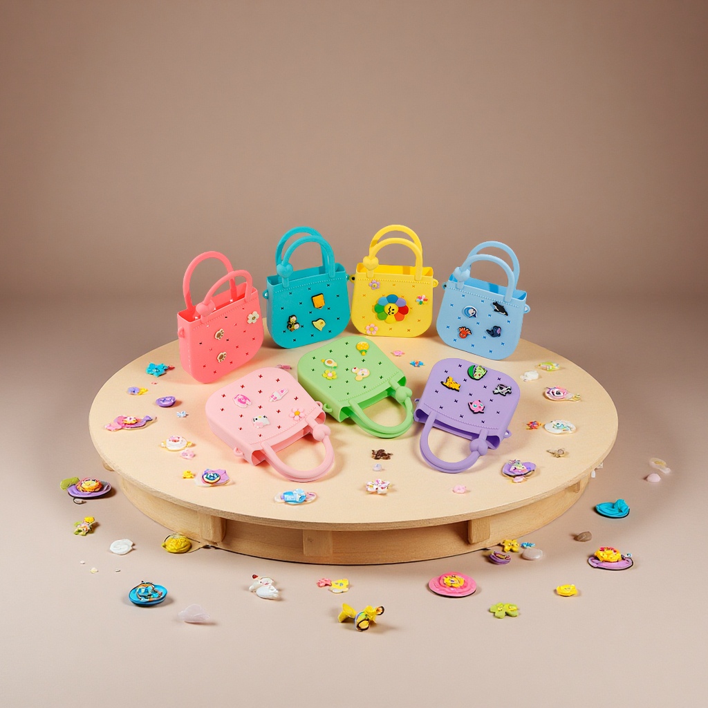 The new "Hole Hole Children's Bag" silicone handbag is cartoonish, cute and versatile. It features a solid color and fashionable oil spray decoration Specification image