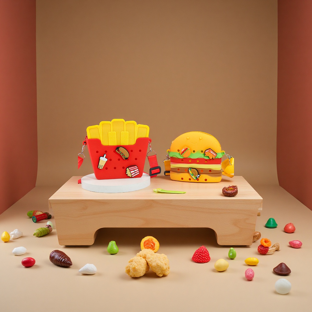 创意仿真食品硅胶洞洞包可爱薯条汉堡卡通儿童斜挎包批发玩具
