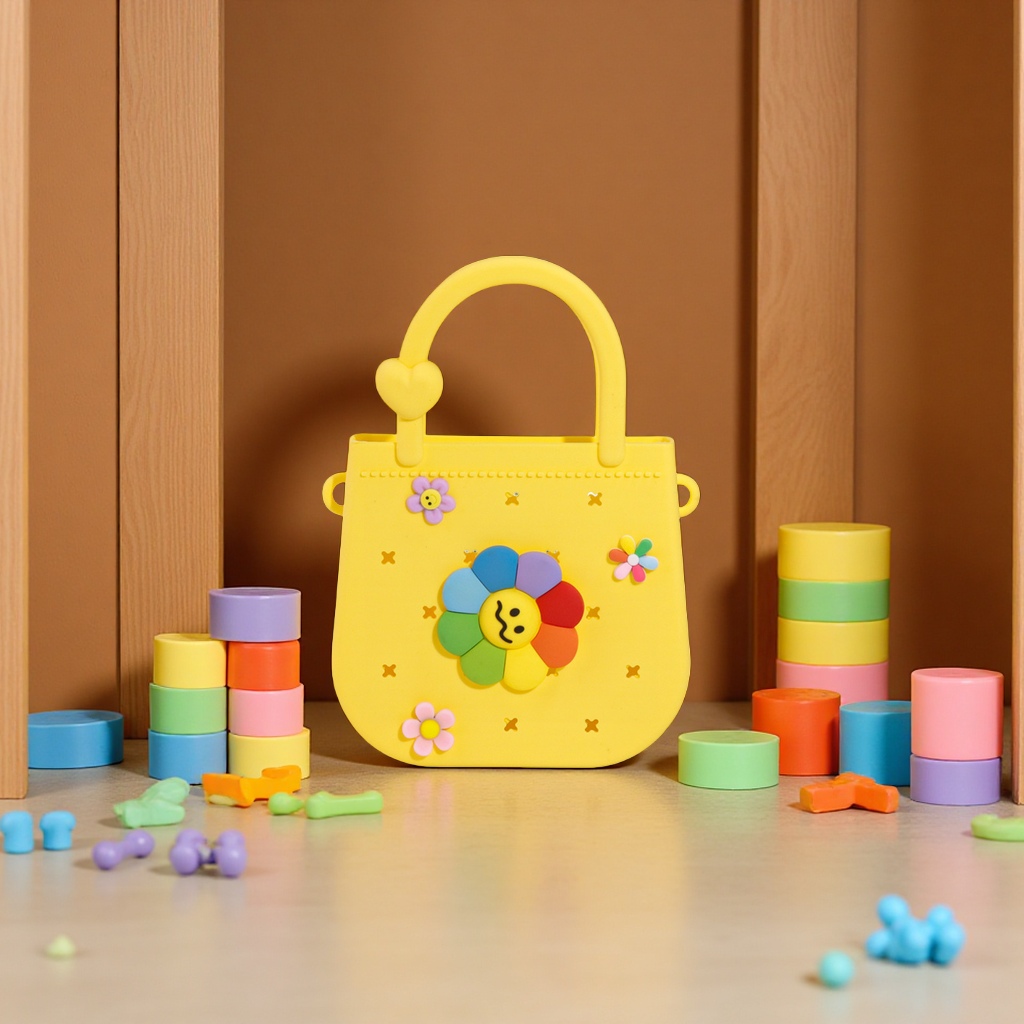 The new "Hole Hole Children's Bag" silicone handbag is cartoonish, cute and versatile. It features a solid color and fashionable oil spray decoration Item Picture