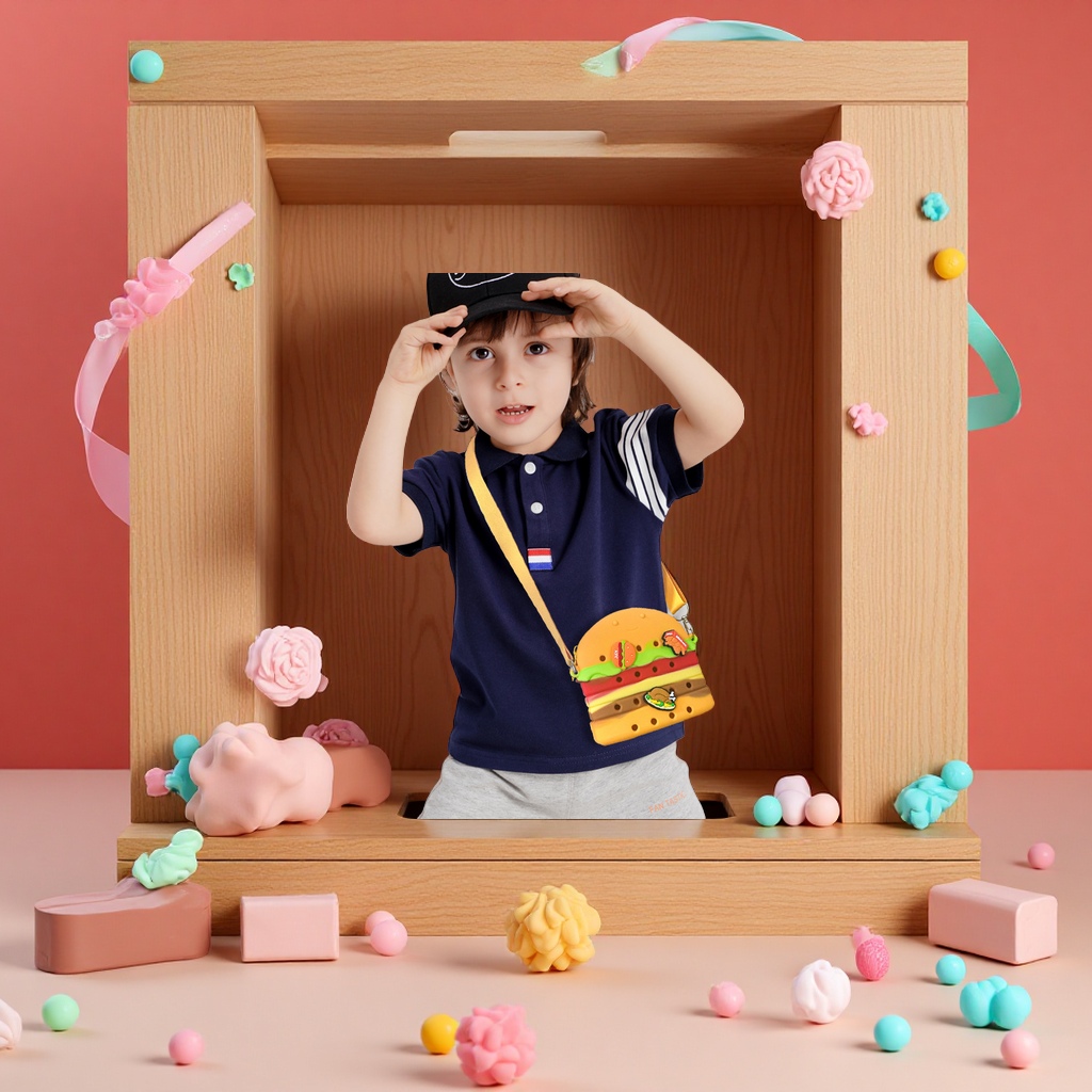 Creative simulation food silicone hole bags, cute French fries, hamburger cartoon children's crossbody bags, wholesale toys Application Scenario