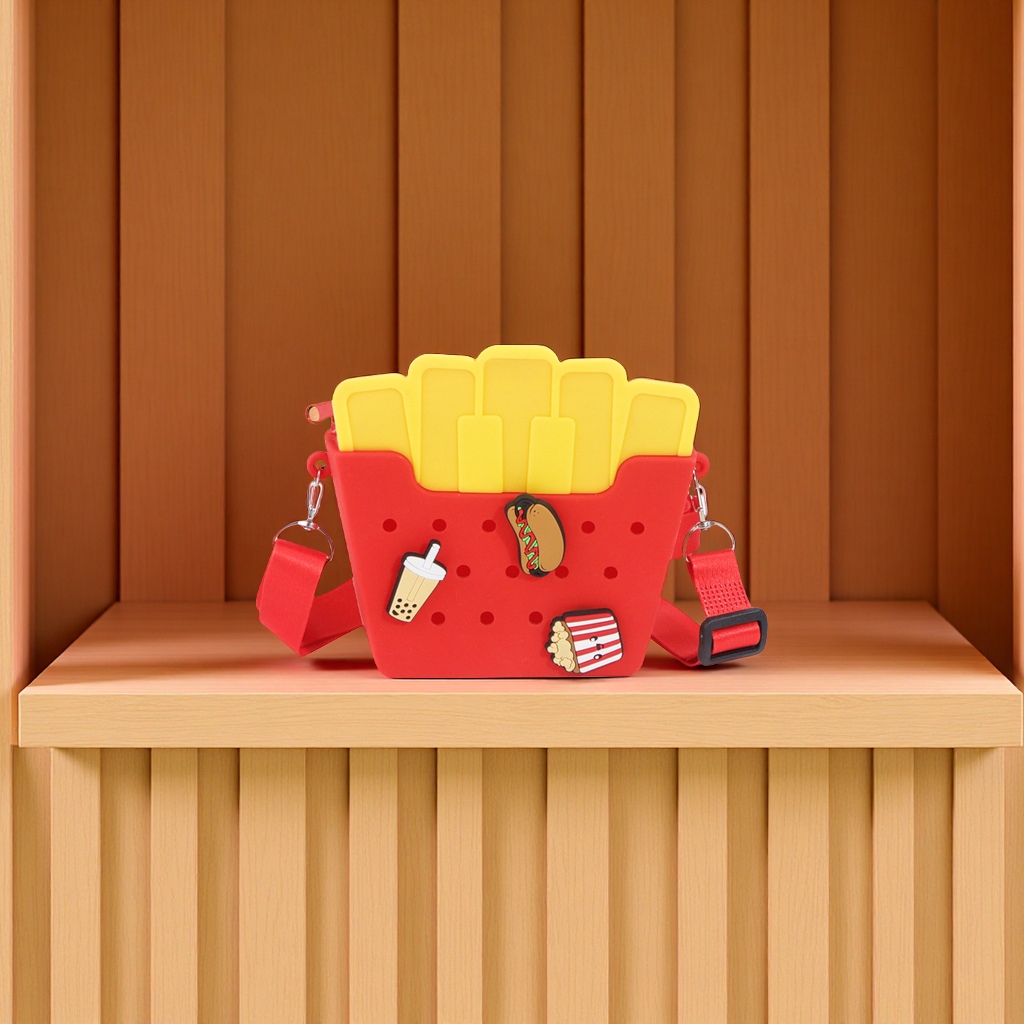 Creative simulation food silicone hole bags, cute French fries, hamburger cartoon children's crossbody bags, wholesale toys Item Picture