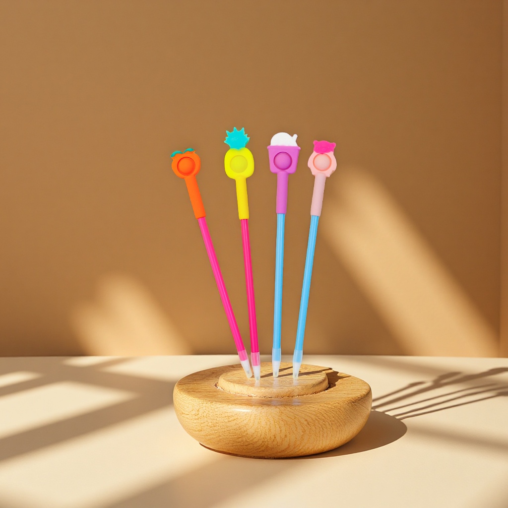Fruit-themed silicone bubble pens, children's stress-relieving pens, 0.5mm black gel pens, wholesale and in stock, event gifts