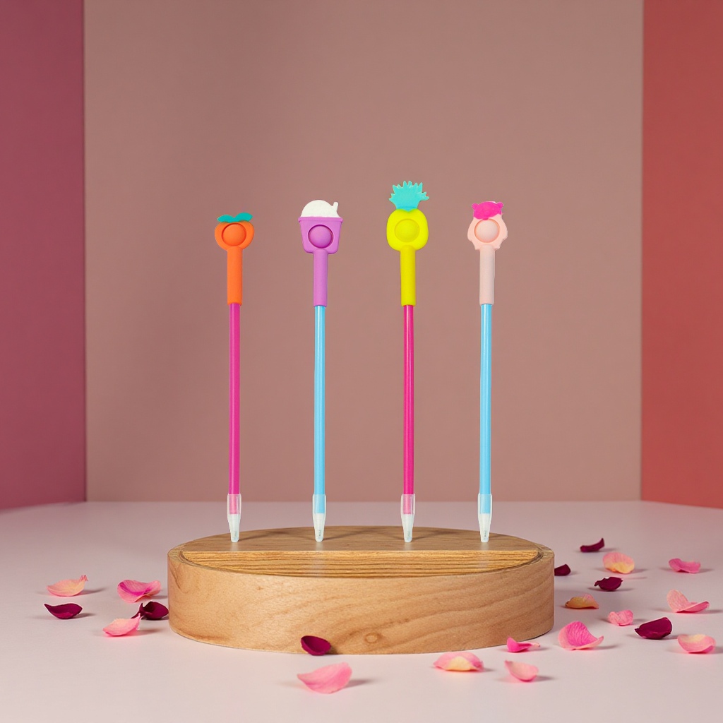 Fruit-themed silicone bubble pens, children's stress-relieving pens, 0.5mm black gel pens, wholesale and in stock, event gifts Item Picture