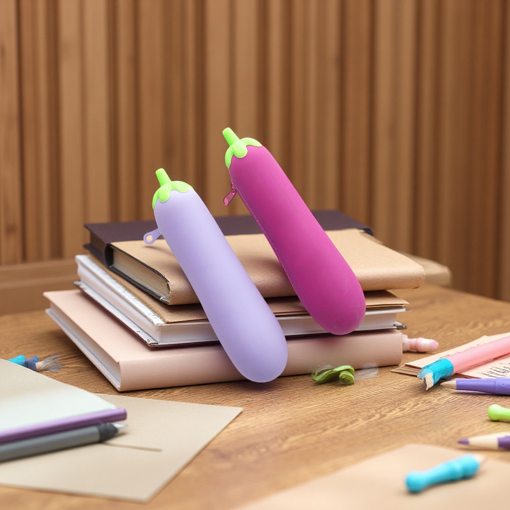 Silicone eggplant vegetable zipper pen case with large capacity, creative simulation and cute student stationery storage bag