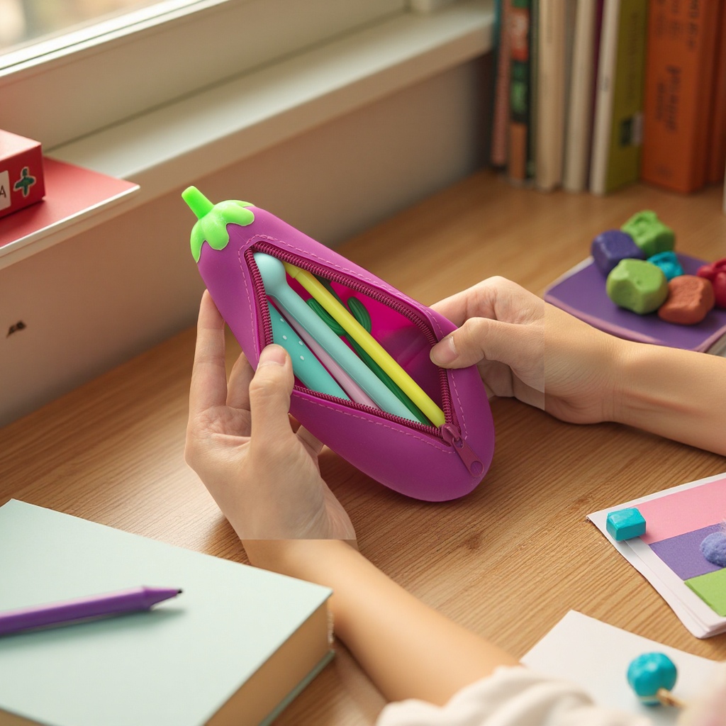 Silicone eggplant vegetable zipper pen case with large capacity, creative simulation and cute student stationery storage bag Application Scenario