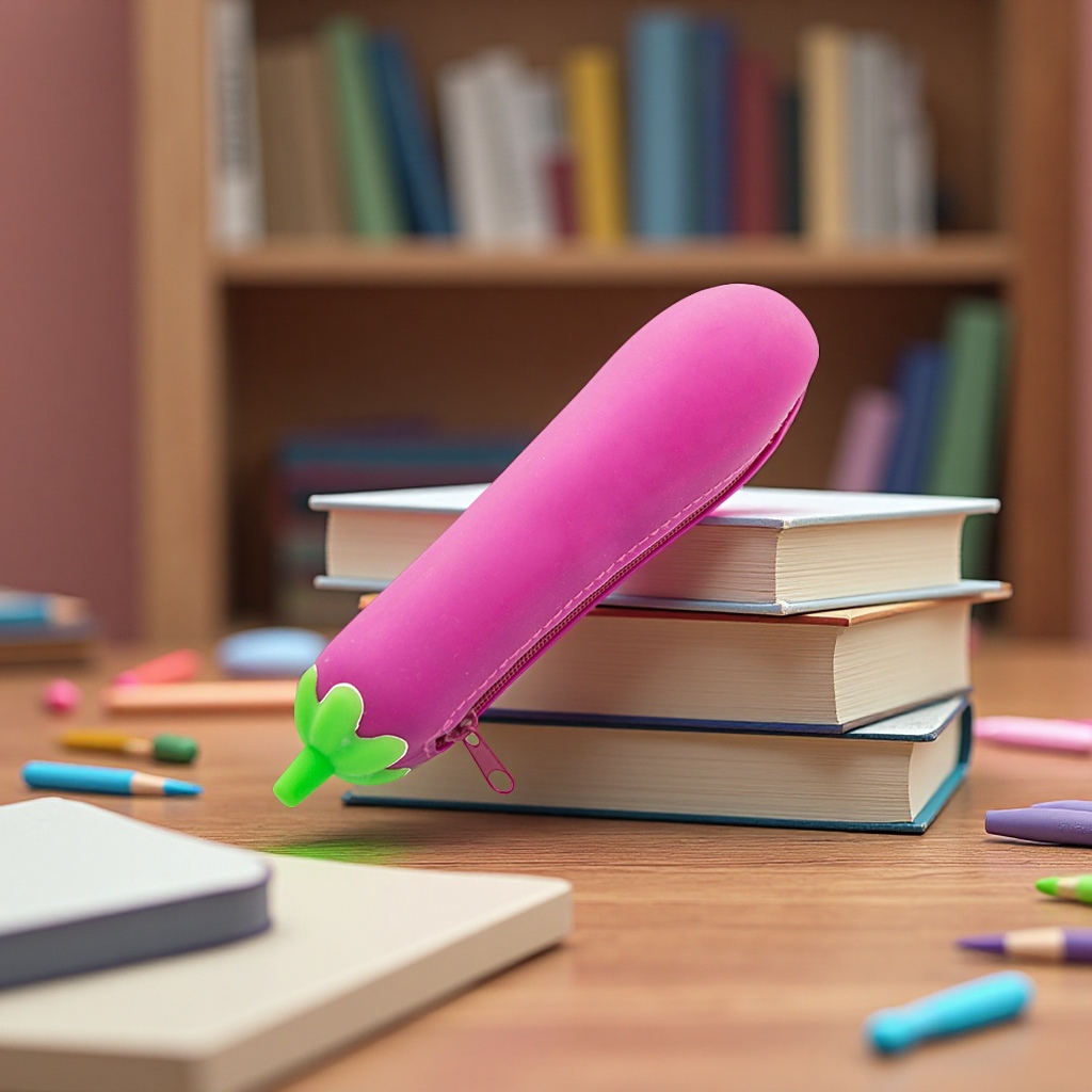 Silicone eggplant vegetable zipper pen case with large capacity, creative simulation and cute student stationery storage bag Item Picture