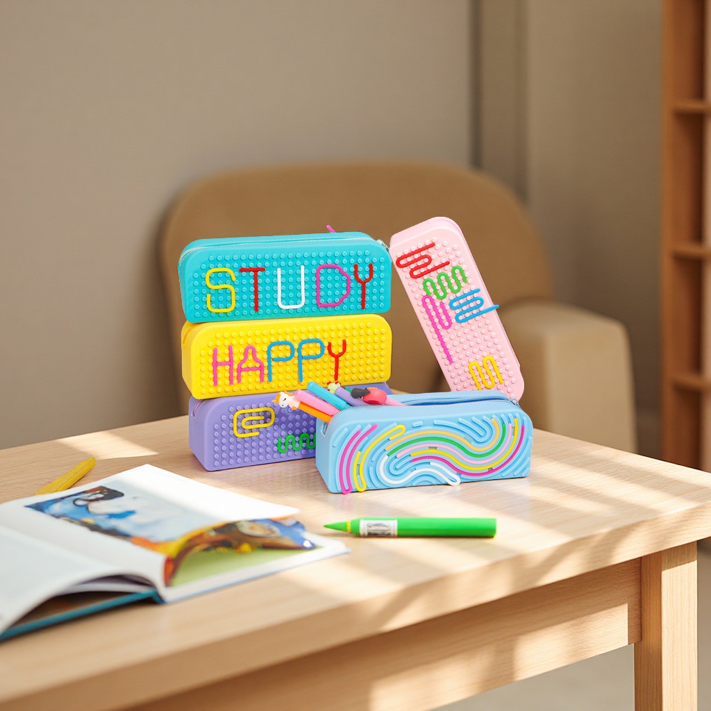 New sensory activity board silicone pen case, multi-functional large-capacity student stationery storage box, DIY educational and stress-relieving pen box