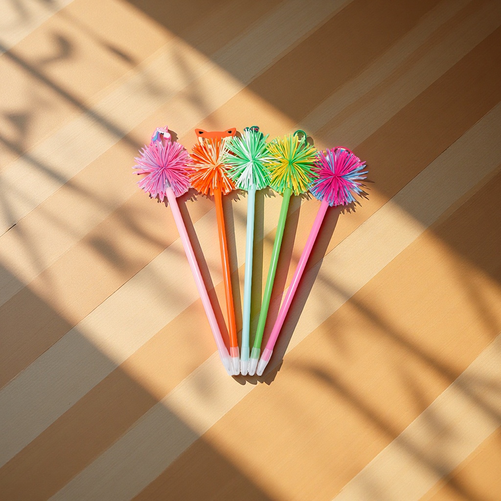 新款硅胶毛球笔拉丝球减压甩甩笔独角兽牛造型中性笔批发kooshball减压玩具