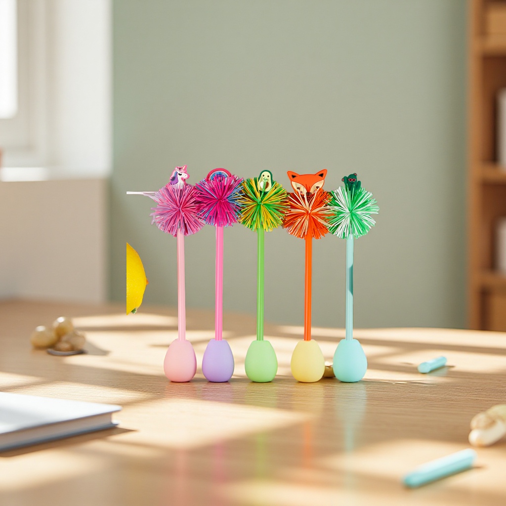 New silicone rubber ball pen, brushed ball, stress-relieving swing pen, unicorn-shaped ballpoint pen wholesale, kooshball stress-relieving toy Application Scenario