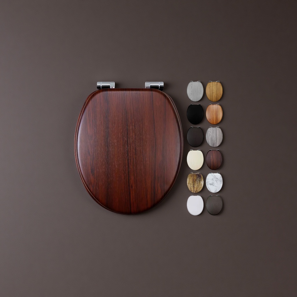 工厂直销密度板木质MDF马桶盖PVC贴皮木纹图案缓降设计耐用卫生间配件