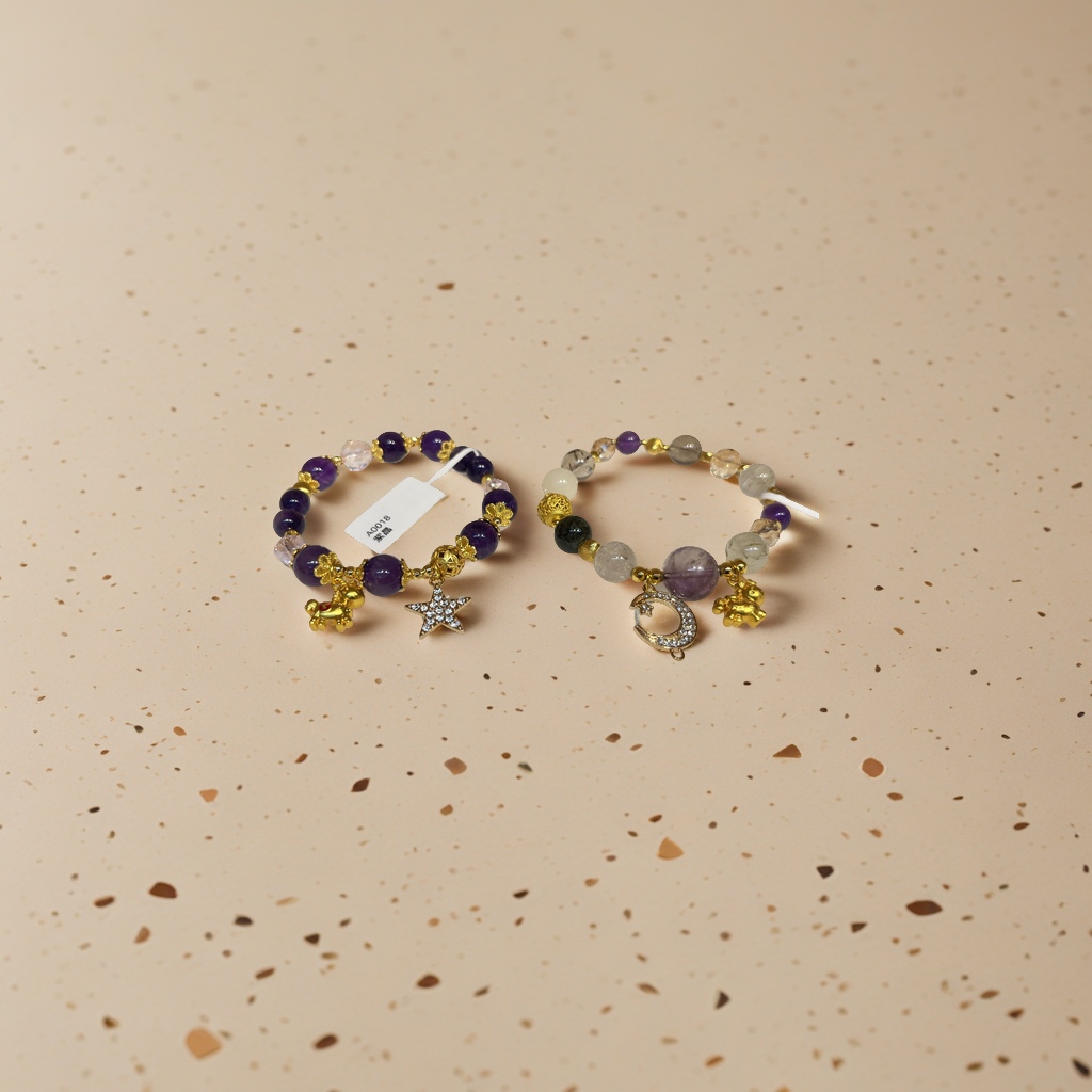 天然石手链紫晶粉晶彩发晶手串时尚简约男女款手饰品礼物